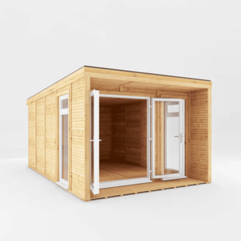 Wooden cabin with glass doors on a white background