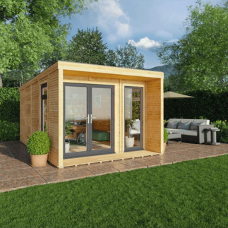 Wooden garden office with glass doors in a backyard setting
