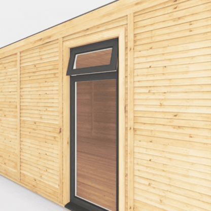 Wooden shed with a door and window on a white background