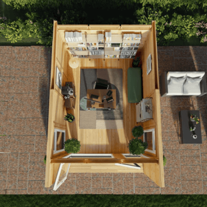 Top-down view of a small wooden house with furniture and decor.