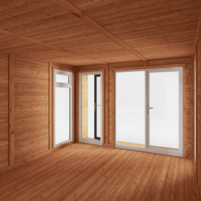 Wooden room with large windows and a ceiling.