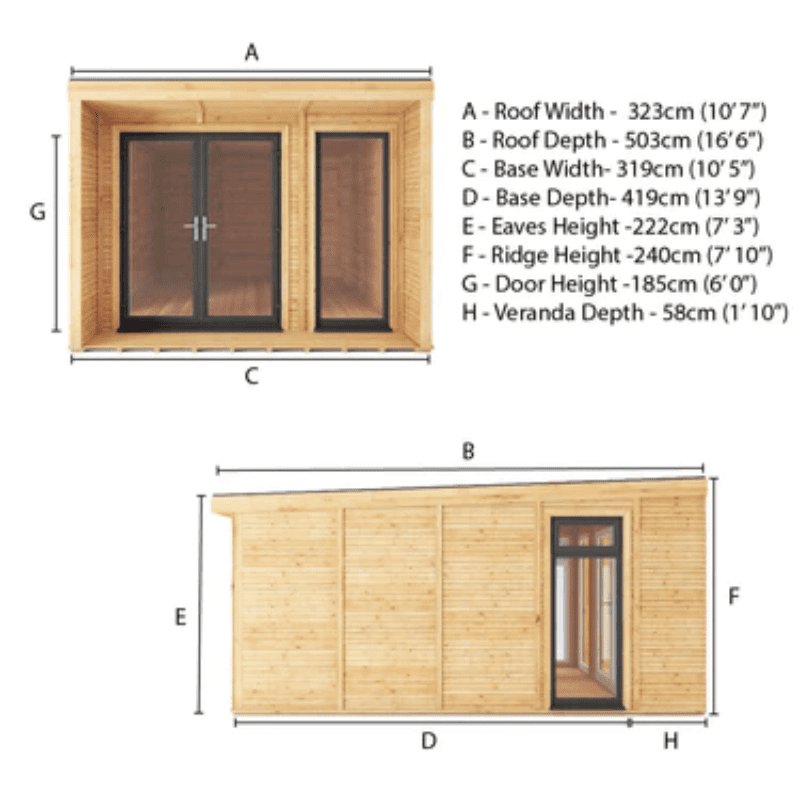 Dimensions of a wooden shed with labeled parts and measurements.