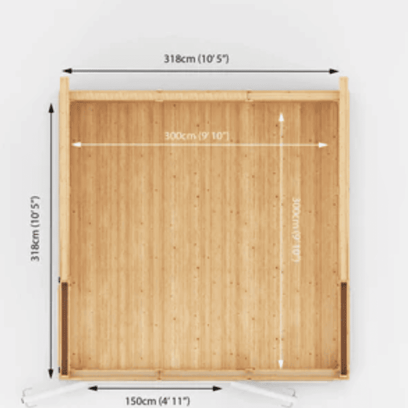 Wooden bed frame with dimensions labeled on a white background