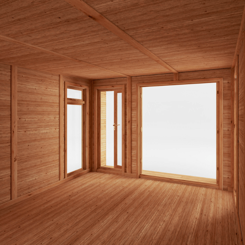 Wooden room with large windows and a clear sky view