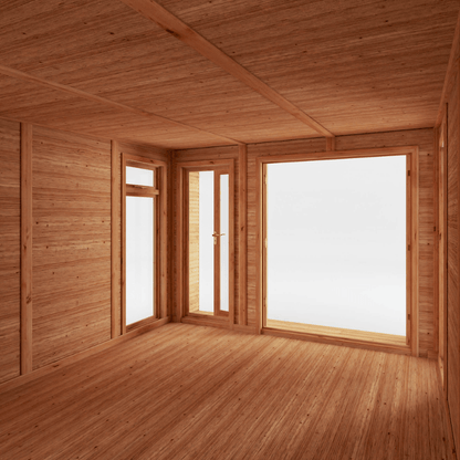 Wooden room with large windows and a clear sky view