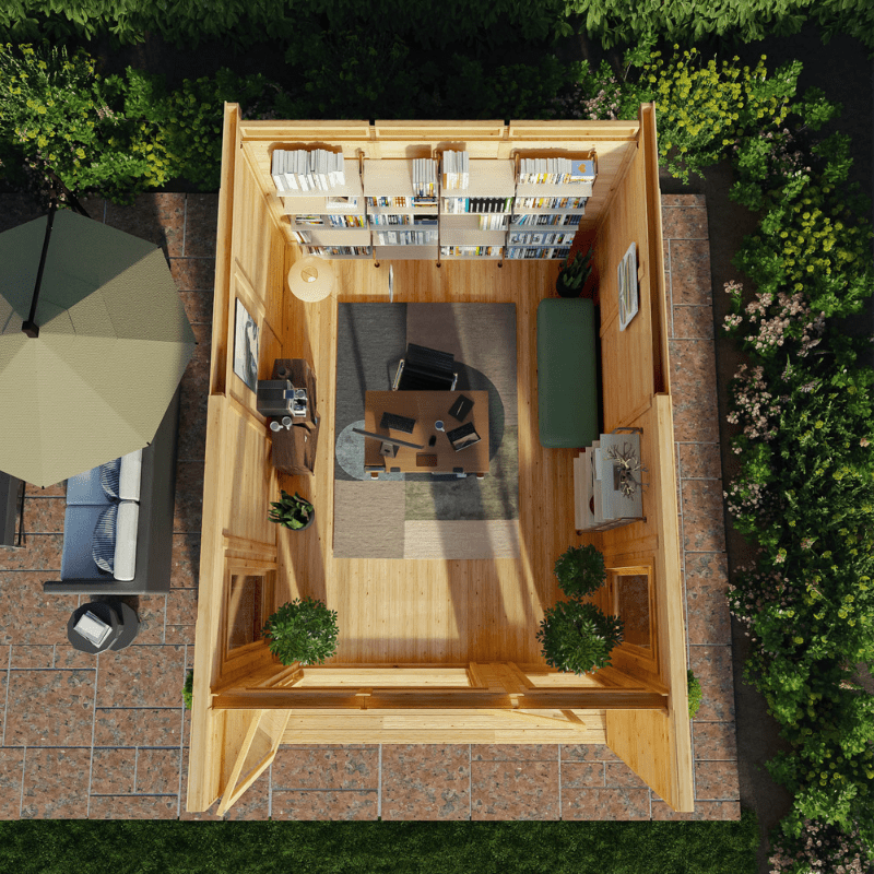 Top-down view of a wooden shed with interior layout, outdoor furniture, and garden.