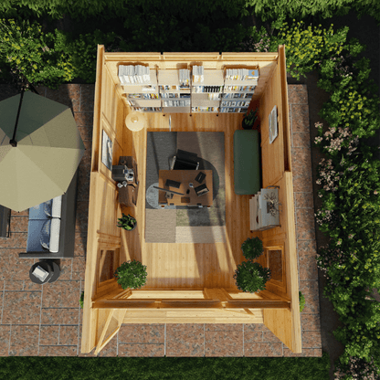 Top-down view of a wooden shed with interior layout, outdoor furniture, and garden.