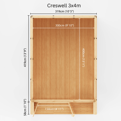 Wooden wardrobe with dimensions labeled on a white background