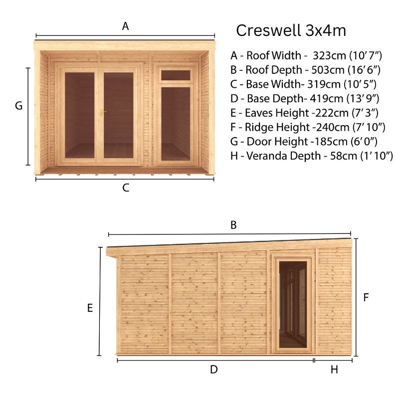 Dimensions of a wooden shed labeled 'Creswell 3x4m' with detailed measurements.