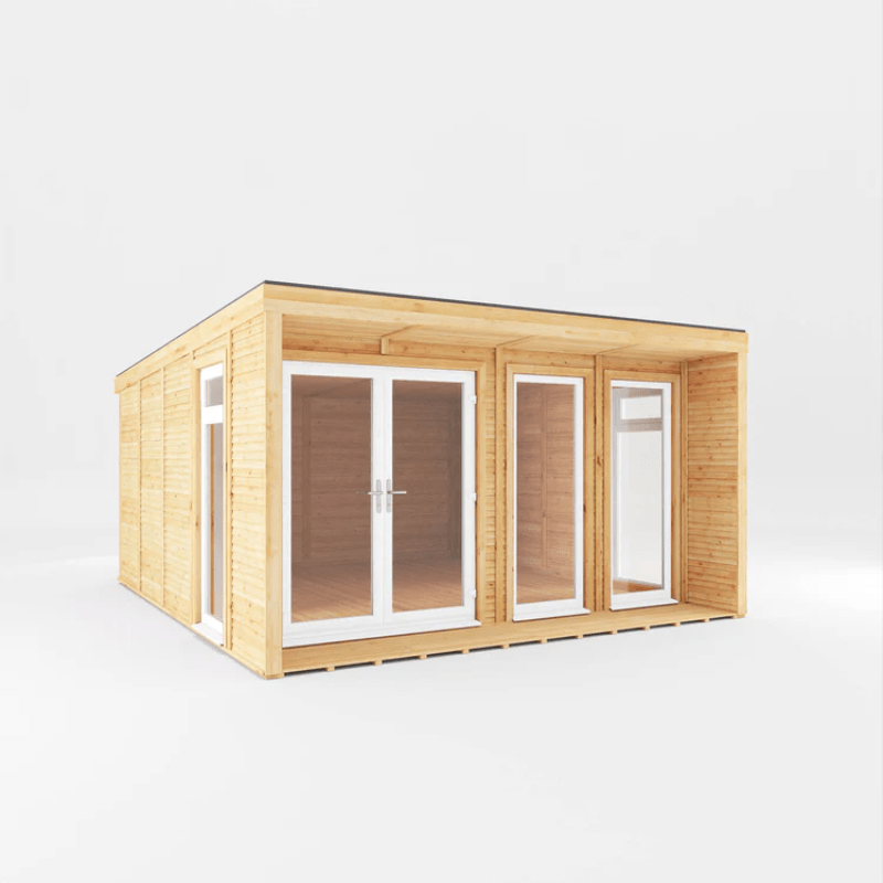Wooden cabin with glass doors and windows on a white background