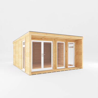 Wooden cabin with glass doors and windows on a white background