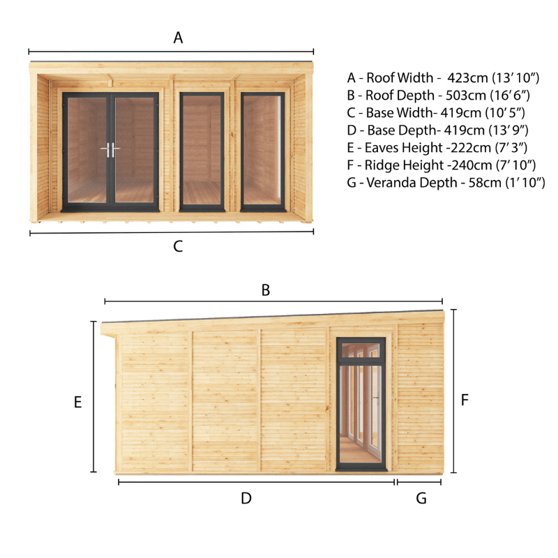 Measurement chart of a wooden shed with dimensions labeled