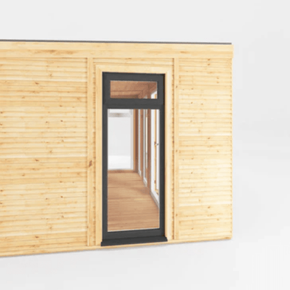 Wooden cabin with a glass door on a white background