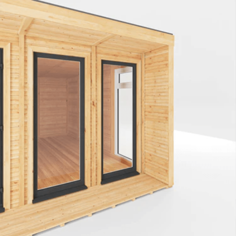 Wooden cabin with glass doors on a white background