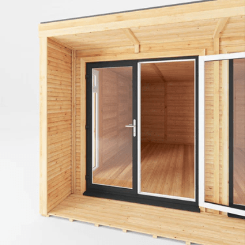 Wooden cabin with glass doors and windows on a white background