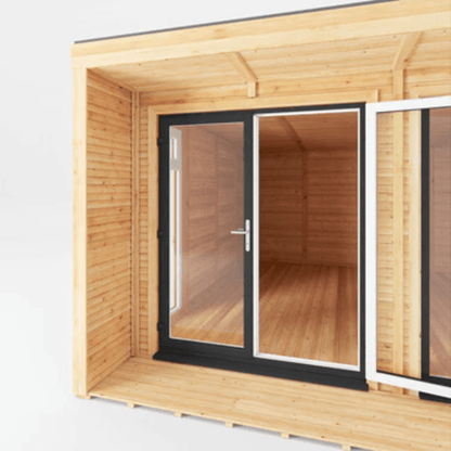 Wooden cabin with glass doors and windows on a white background