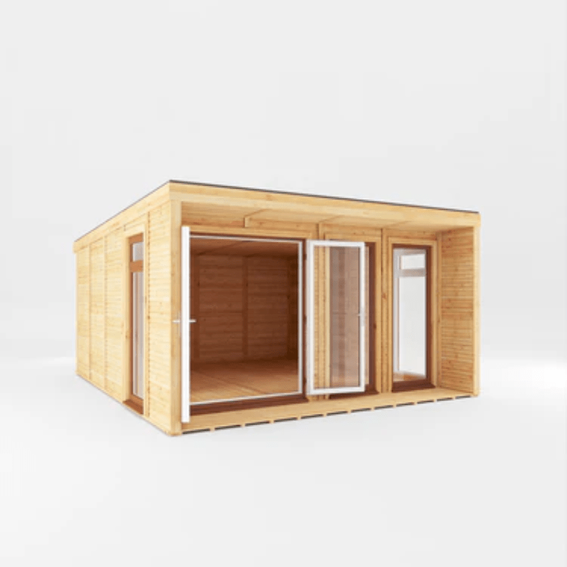 Wooden cabin with glass doors on a white background