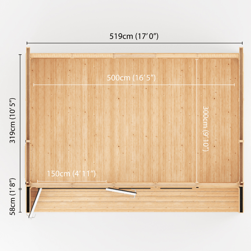 Dimensions of a wooden structure with measurements in centimeters and feet.