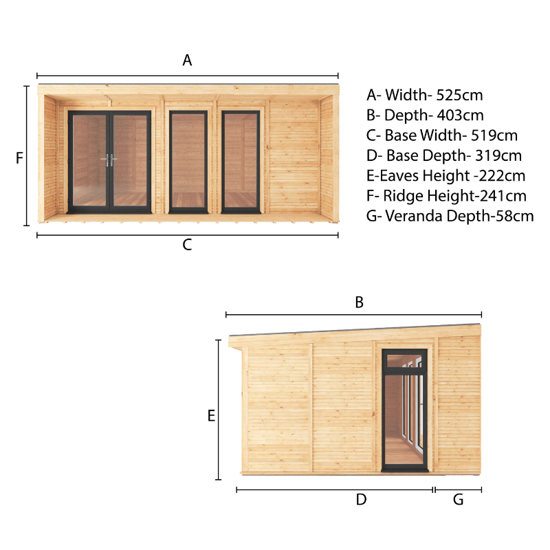 Dimensions of a wooden cabin with labeled parts on a white background