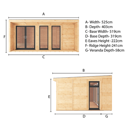 Dimensions of a wooden cabin with labeled parts on a white background