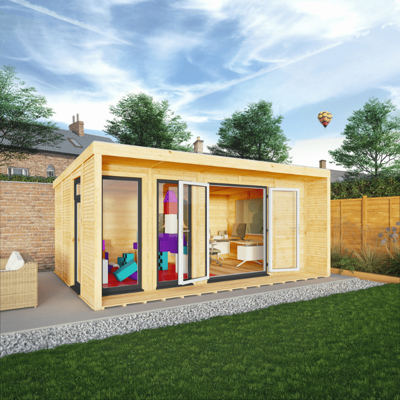 Wooden garden office with glass walls in a backyard setting