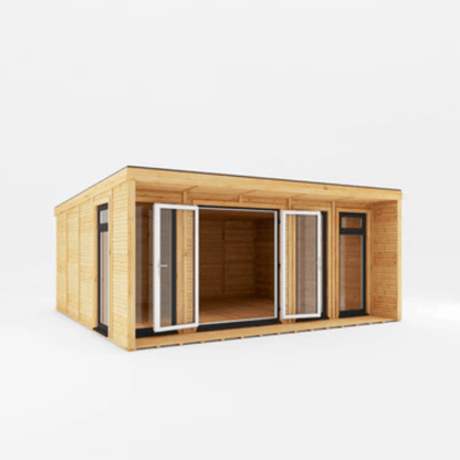 Wooden modular building with glass doors on a white background