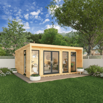 Wooden garden office with large windows in a garden setting