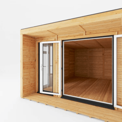 Wooden cabin with glass doors on a white background