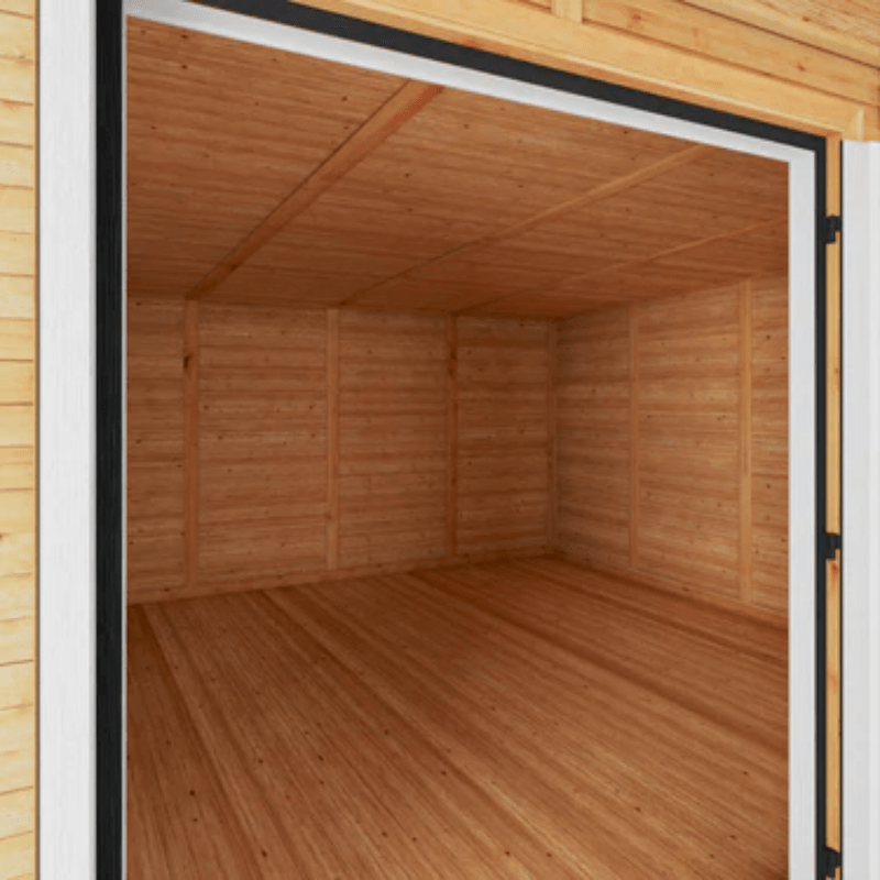 Empty wooden shed with open door