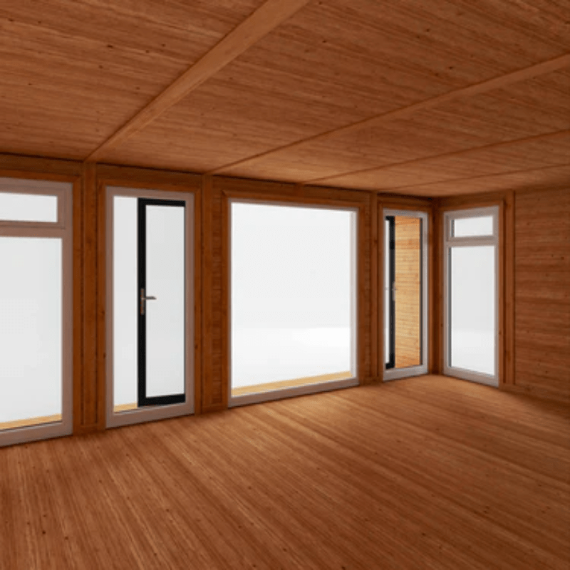 Wooden interior with large windows and a wooden ceiling.