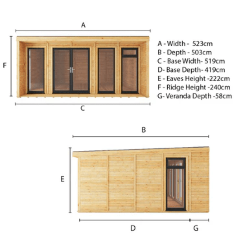 Dimensions of a wooden shed with labeled parts on a white background