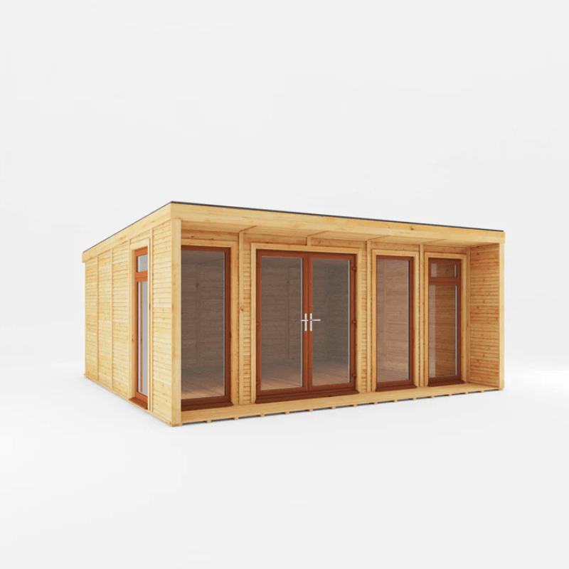 Wooden cabin with glass doors and windows on a white background