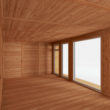 Wooden interior of a room with large windows
