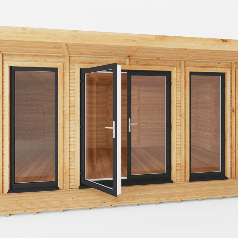 Wooden cabin with glass doors and windows on a white background