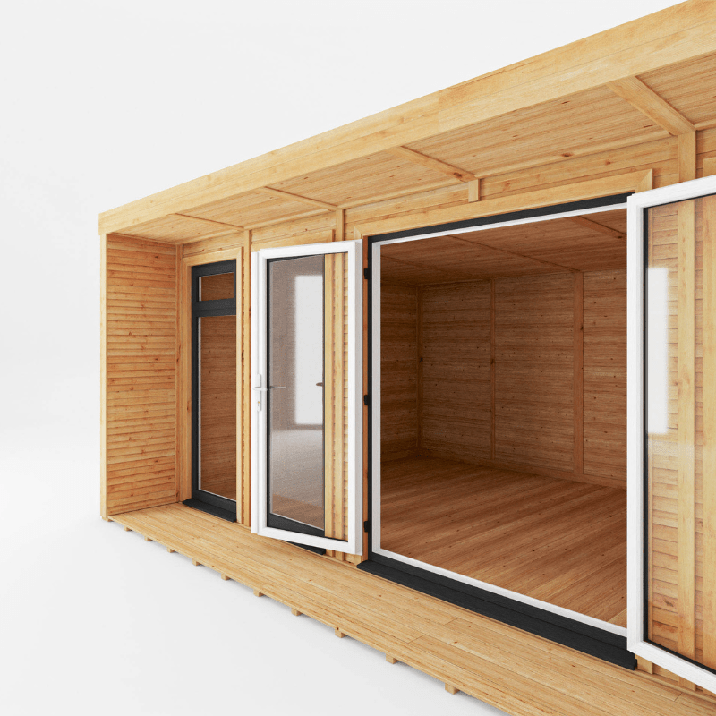 Wooden modular building with sliding glass doors on a white background
