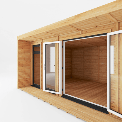 Wooden modular building with sliding glass doors on a white background