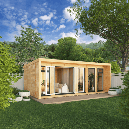 Modern wooden cabin in a garden with greenery and blue sky