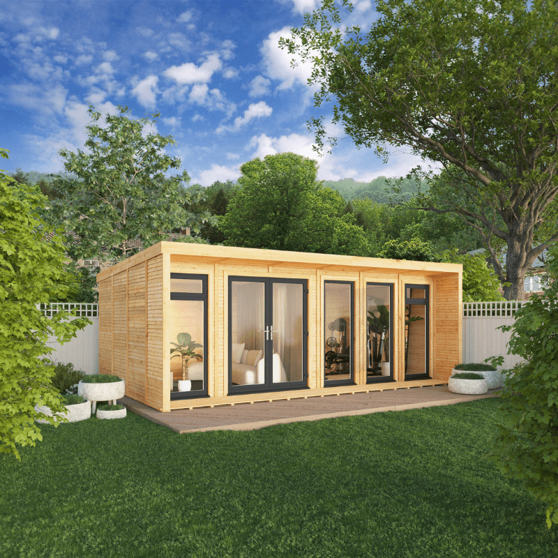 Wooden garden office with large windows in a lush green outdoor setting