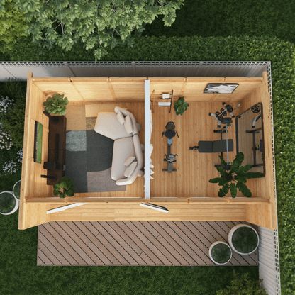 Top-down view of a small wooden house with furniture and gym equipment.