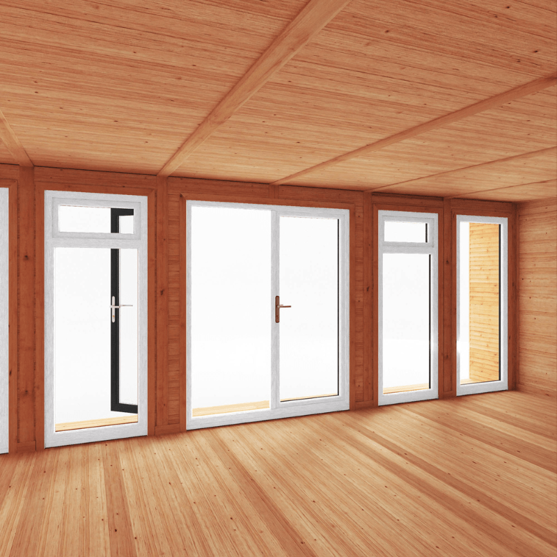 Wooden room with large glass doors and windows
