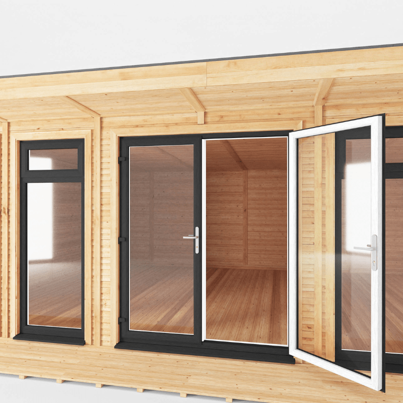 Wooden cabin with glass doors and windows on a white background