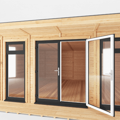 Wooden cabin with glass doors and windows on a white background