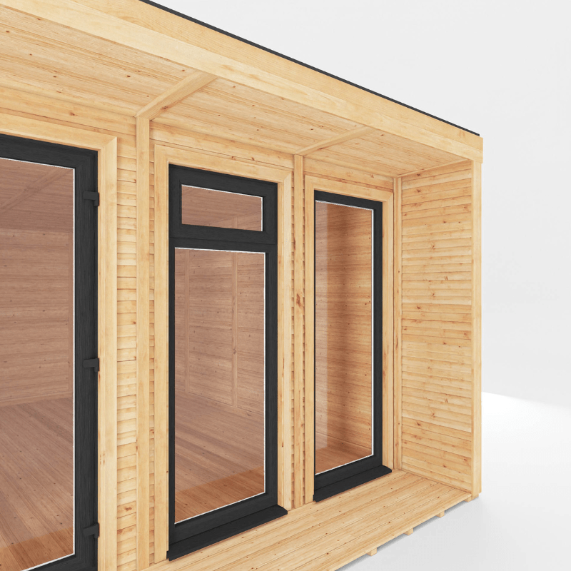 Wooden cabin with glass doors on a white background