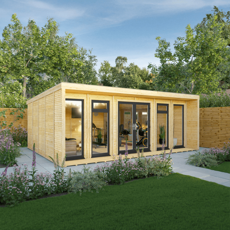 Wooden garden office with glass doors in a garden setting