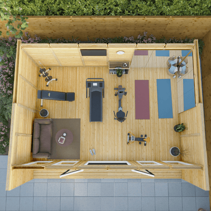 Top-down view of a small wooden house interior with furniture layout.