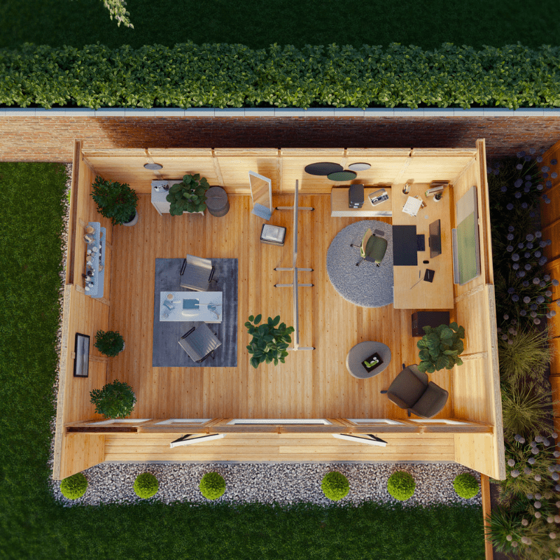 Top-down view of a modern office interior with wooden desks, chairs, and plants.
