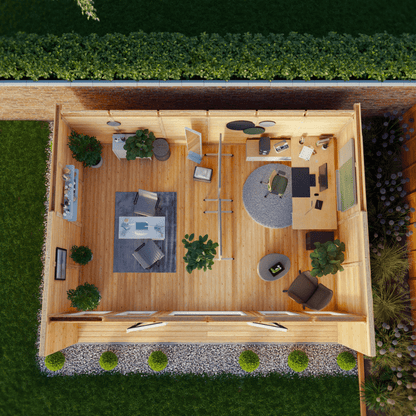 Top-down view of a modern office interior with wooden desks, chairs, and plants.