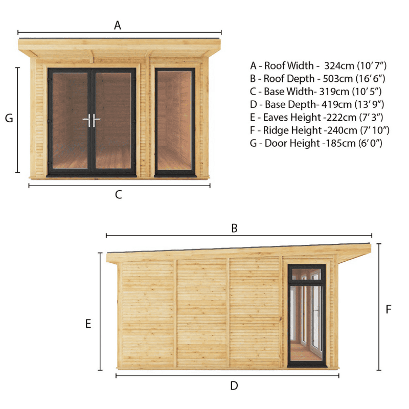 Dimensions of a wooden shed with labeled parts and measurements.