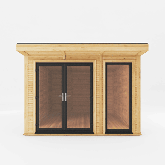 Wooden cabin with glass doors on a white background