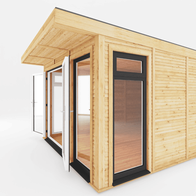 Wooden cabin with glass doors on a white background